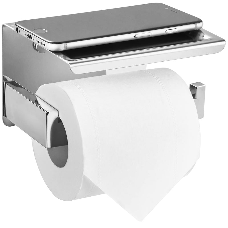HITSLAM Toilet Paper Holder with Shelf, Stick on Chrome Tissue Roll Holder Self Adhesive or Wall-Mount with Storage Shelf for Bathroom Medium