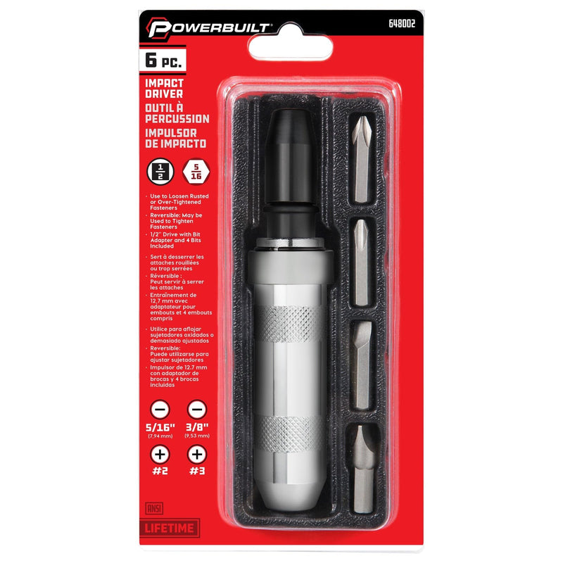 Powerbuilt 1/2 Inch Drive Impact Driver Set Extractor Tool, Slotted or Phillips Screwdriver Bits, Remove Rusted, Damaged Screws - 648002, Large