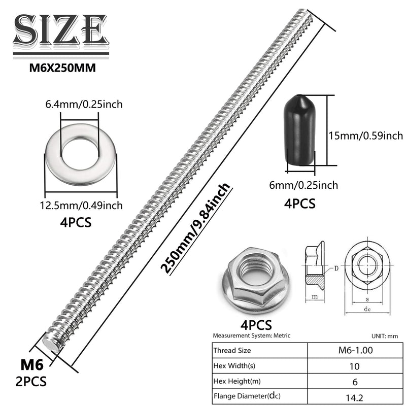 2Pcs M6x250mm Fully Threaded Rod 304 Stainless Steel Long Threaded Screw with Lock Nuts, Flat Washer & Rubber End Caps for Anchor Bolts Clamps Hangers U-Bolts