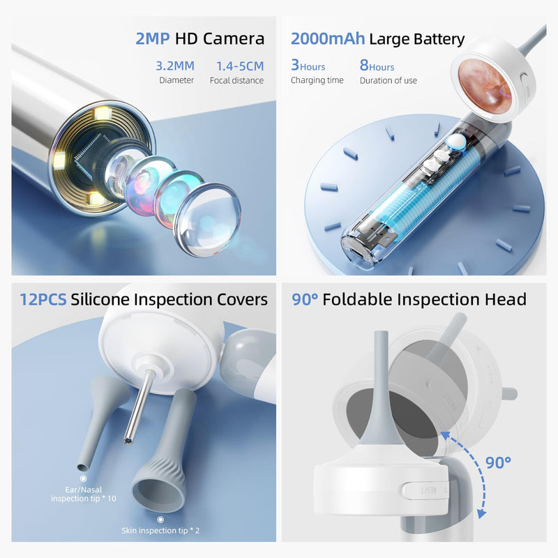 Qimic Otoscope Ear Camera with 1.38'' Screen, 1080P Ear Scope with 4 LEDs, 12 Silicone Specula Tips, Support Photo and Video, PC View, Ideal Pocket Otoscope for Adults, Kids and Pets white
