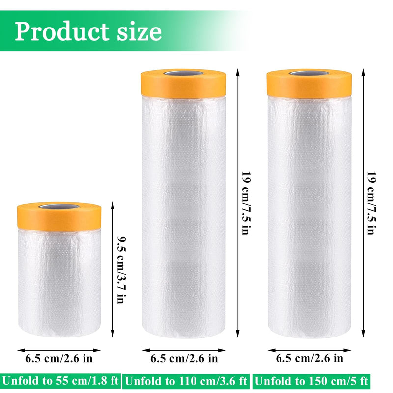 12 Rolls Pre-Taped Painting Masking Film, 3 Sizes 12