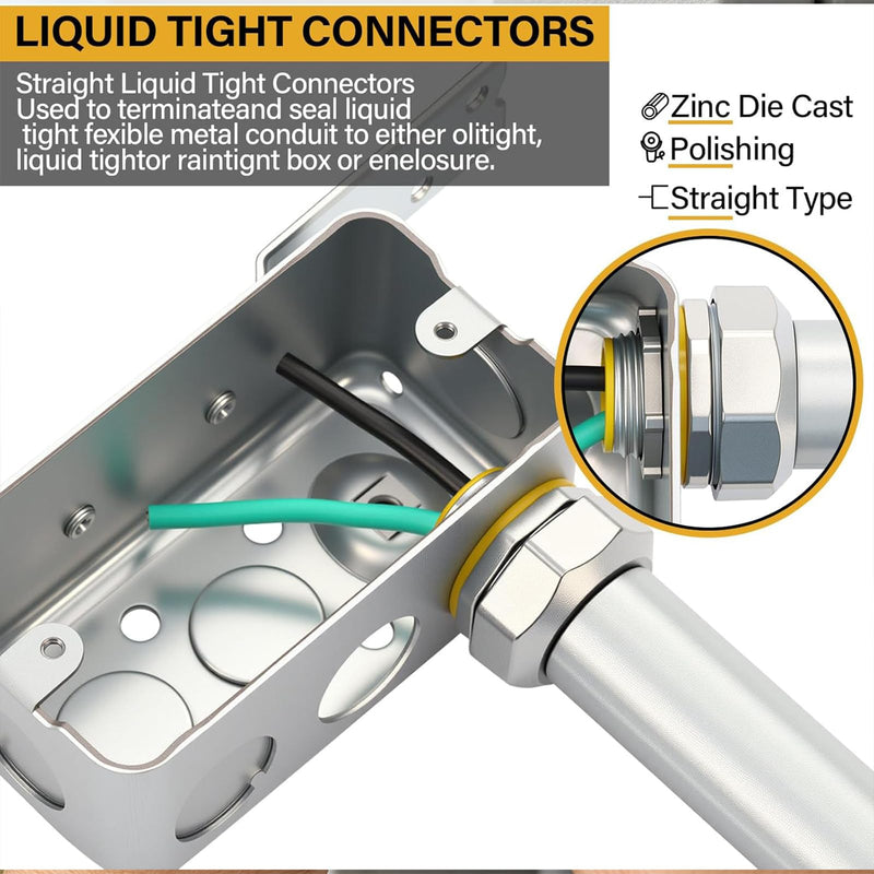 Gisafai 10 Pcs Liquid Tight Connector Straight Insulated Zinc Die Cast Metal Tight Electrical Conduit Fittings for 3/4 Inch Flexible and Type B Flexible
