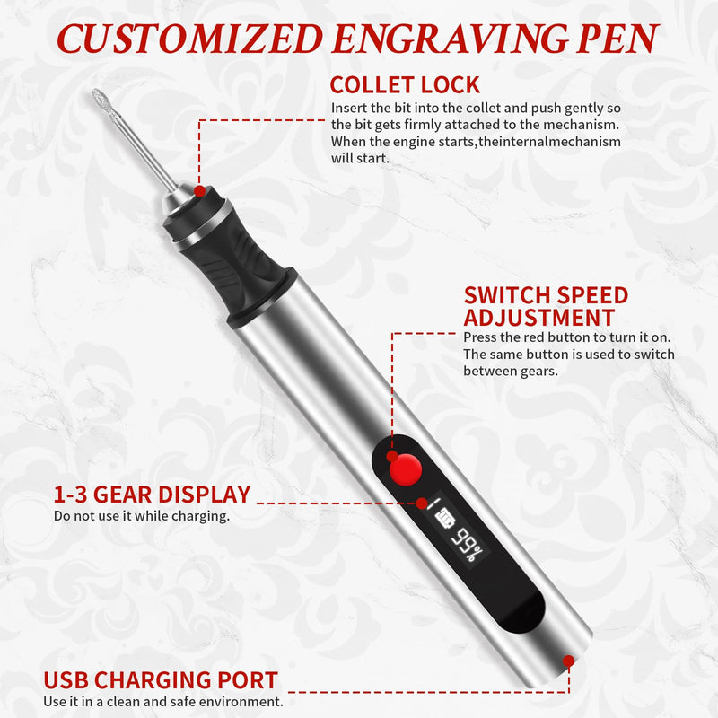Engraving Pen, Ultimate Cordless Engraving Pen for Artists & DIYers - Engrave 60+ Surfaces - Beginner Friendly- 30 Bits & Mastery Guide (Grey) Grey