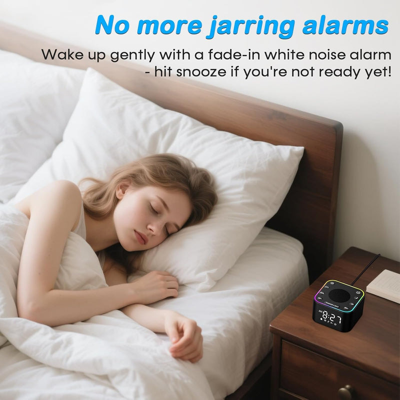 Sound Machine with Alarm Clock: 30 Non-Looping Sleep Sounds - White Noise Alarm Clock for Natural Wake Up - Adjustable Volume & Light, Memory Function, Sleep Timer (Black) Black 3.15*3.15*1.85 Inch