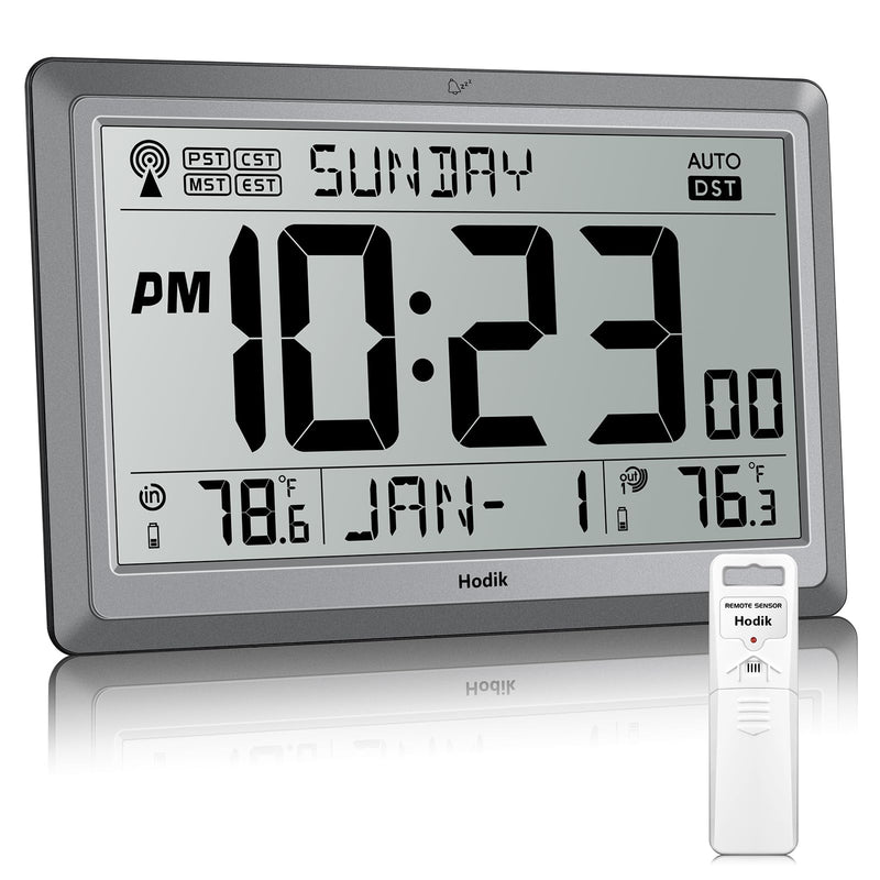Wall Clock Atomic with Indoor Outdoor Temperature Battery Powered, Easy Reading with 10.5 Inch Large LCD Display, 330FT Range Table Wall Clock With DST, 12/24 Hour for Living Room Kitchen (Silver) Silver