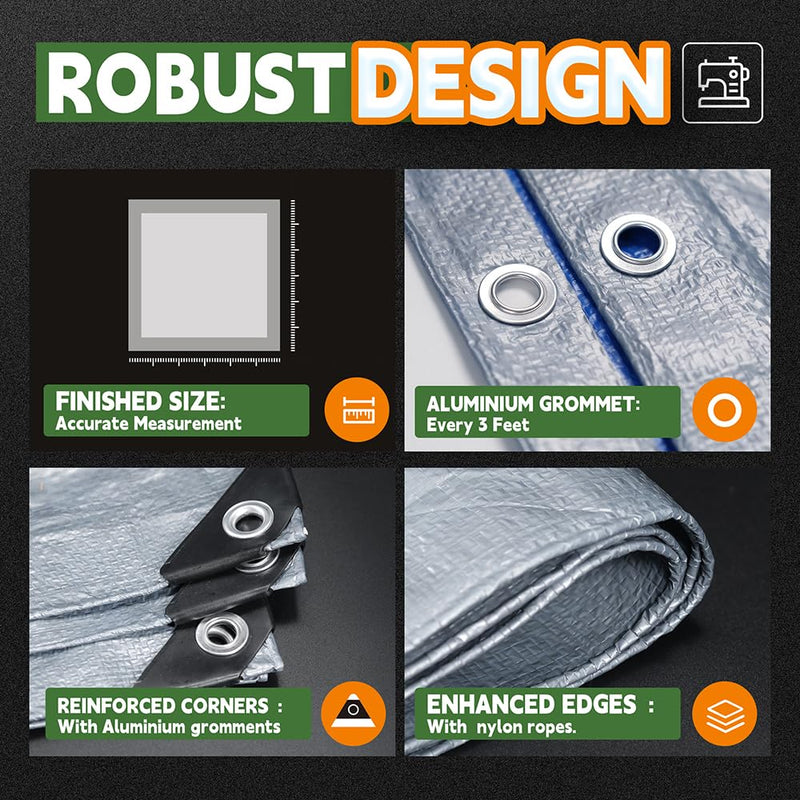 RAINDEWAY Tarps 8x10 Feet, 5.5 Mil - Multipurpose Waterproof Poly Tarp Cover with Metal Grommets and Reinforced Edges, Silver/Blue Tarp 8'×10'-Finished Size