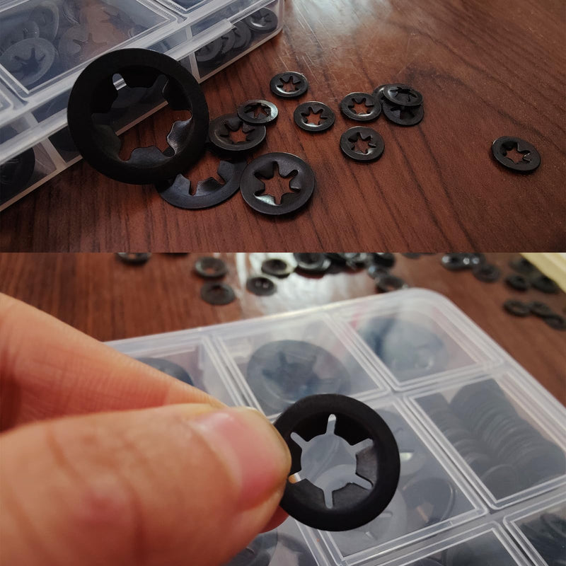 350 Pcs Internal Tooth Starlock Locking Washers, Push On Speed Clips Fasteners Washers Assortment Kit, Quick Speed 65Mn Black Clips Lock Washers GL014 - M3/M4/M5/M6/M8/M10/M12