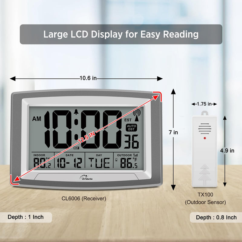 WallarGe Atomic Clock with Outdoor and Indoor Temperature - 12.5 Inch Self-Setting Digital Clock Large Display, Battery Operated Wall Clocks or Desk Clocks for Bedroom, Livingroom, Office
