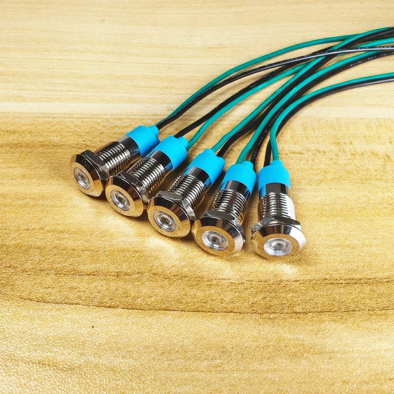 8mm Waterproof Signal Indicator Lamp, 3V-4.5V-5V-6V-7.5V-9VDC Energy Saving LED Metal Indicator Light with Wire(5pcs x White)