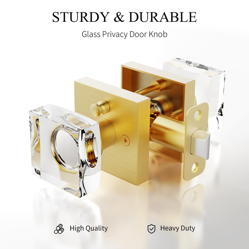 Brushed Gold Door Knob Privacy Crystal Glass Interior Lock, Satin Brass Modern Square Bedroom Bathroom Lockable Door Handle 1 Pack Privacy