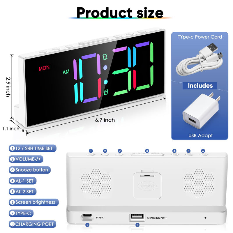 Alarm Clock with Large Display Big Numbers,5 Levels Brightness，Snooze,USB Charging Port,LED and Mirror Desk Clock,Dual Alarms Modern Electronic Clock for Bedroom Home Living Room Office. (White) White