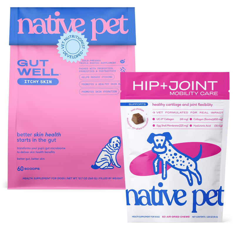 Native Joint Strength & Itch Relief Pack: Hip & Joint Supplement for Dogs - Helps Maintain Healthy Cartilage & Flexibility & GutWell Itchy Skin Itch Relief for Dogs - 60 Count