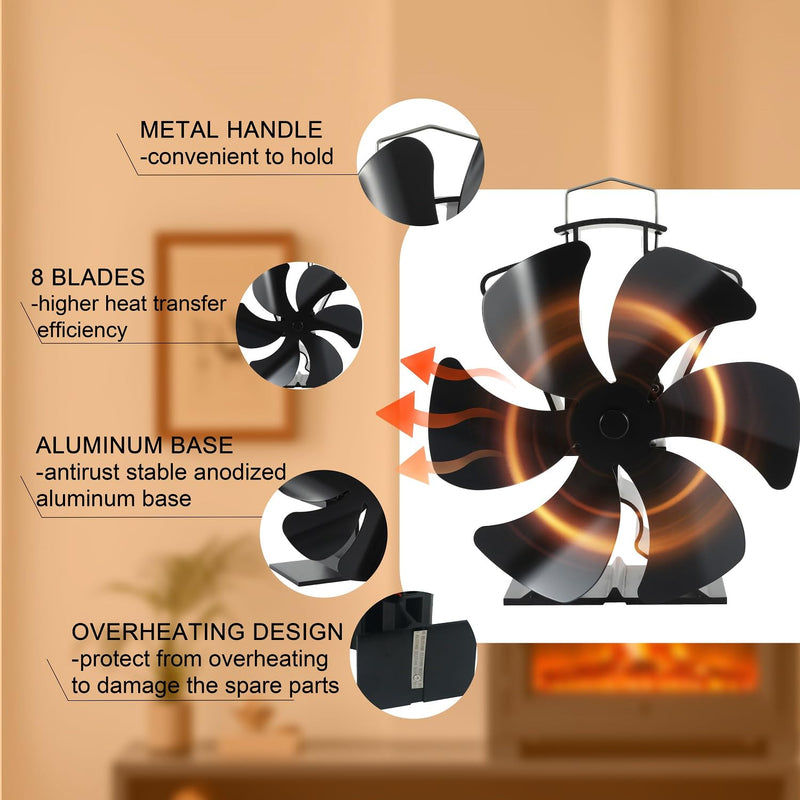 Tomersun Wood Stove Fan Fireplace Fan Heat Powered Stove Fan for Wood Burning/Pellet/Fireplace, with Thermometer Large