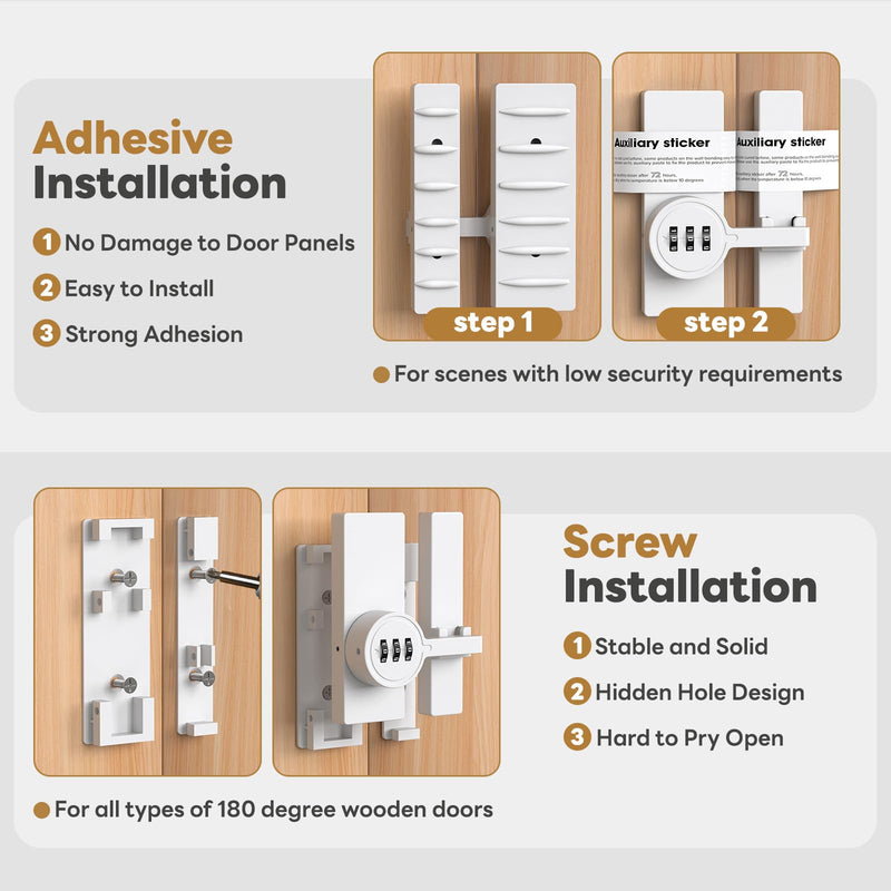 180 Degree Flip Barn Door Lock, Password Keyless Adhesive Sliding Door Lock, 3-Digit Combination Security Cabinet Latch for Gate, Storage, Closet - Paste/Screw Mount (White-2PCS) White-2PCS