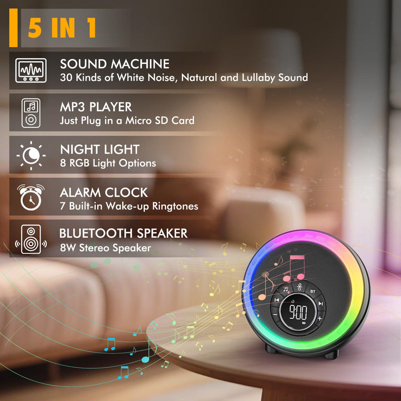 Night Light Bluetooth Speaker Alarm Clock, Portable Sound Machine with White Noise, Touch Bedside Lamp for Bedroom, Dimmable Warm Light, RGB Color Changing, Best Gifts for Teenage Boys Girls Standard