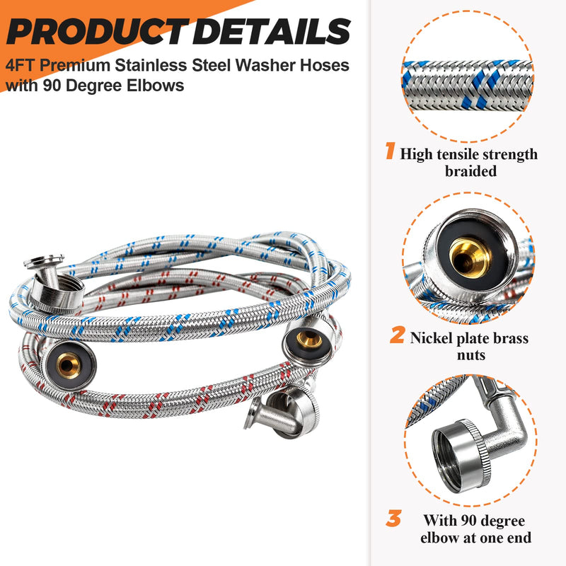 Beaquicy Washer Stainless Steel Hoses with 90 Degree Elbow - 4 Ft Long Red and Blue (2 Pack) Burst Proof - Hot and Cold Striped Water Supply Lines for Washing Machine - 10YEAR WARRANTY