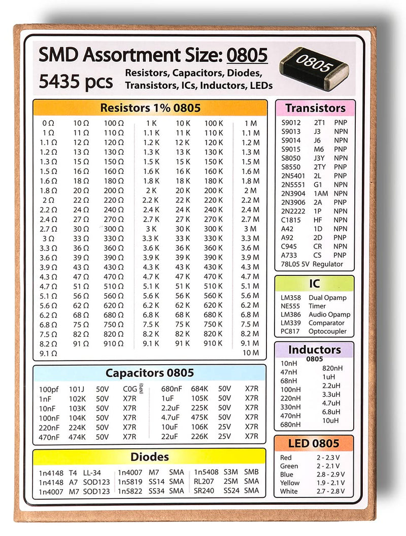 SMD 0805 Book, Resistors, Capacitors, Transistors, Diodes SMT Electronic Components Assortment - 5435 pcs 0805 SMD Book