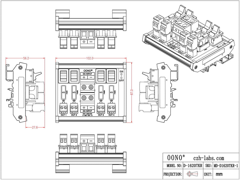 DC Power Distribution Module, Rocker Switch, Fused, Pluggable Top Wiring Terminal Block, DIN Rail and Screw Mount (4 Channel) 4 Channel