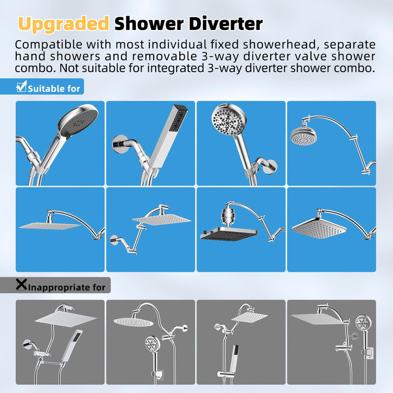 Hibbent All Metal Shower Diverter with Showerhead Holder, Easy Reach 4 Way Diverter with Pause Mode, 13.5" Stainless Steel Slide Bar, 4-Setting Replacement for Handheld & Fixed Shower, Chrome