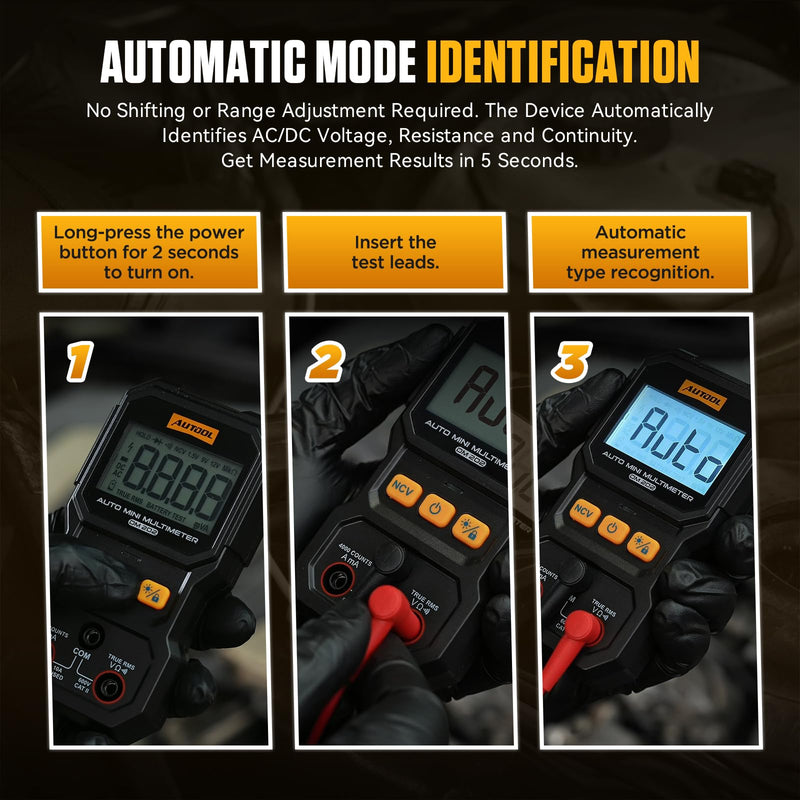 AUTOOL DM202 Mini Digital Multimeter, Auto-Ranging 4000 Counts True RMS NCV Non-Contact Voltage Tester, 600V AC/DC Voltmeter with Backlight, Automotive Electrical Diagnostic Tool
