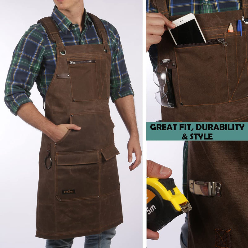 16oz Waxed Canvas Work Apron with Tape Holder - Fully Adjustable, Tough Protection for Men Brown