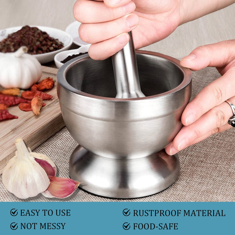 Stainless Steel Mortar and Pestle Set, Spices Grinder Pill Crusher with Silicone Protective Lid - Heavy Duty Mortar Pestle for Molcajete Herb Bowl, Pesto Powder, Spices Herbs Grinder
