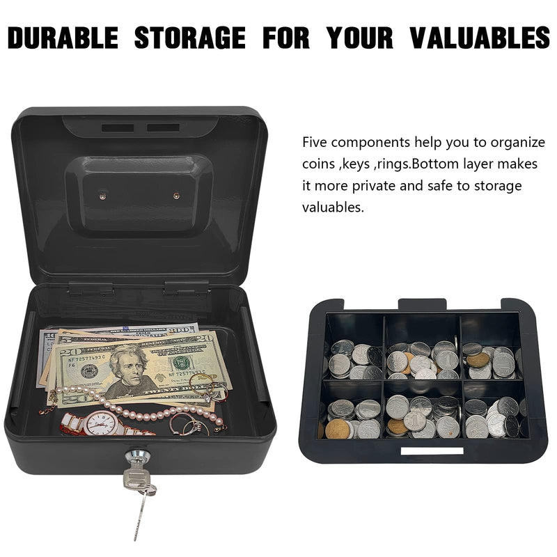 Steel Cash Box with Key Lock, Metal Small Money Organizer with Money Tray,Cash Storage Box with Lockable Cover (Black - 8 inch) Black - 7.8" x 6.3" x 3.3"
