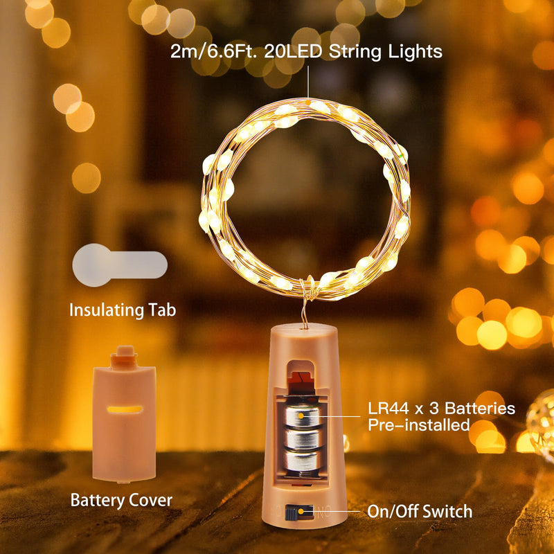 Brightown Wine Bottle Lights with Cork, 10 Pack 20 LED Waterproof Battery Operated Cork Lights, Silver Wire Mini Fairy Lights for Liquor Bottles DIY Party Bar Christmas Wedding Décor Warm White 10 PC