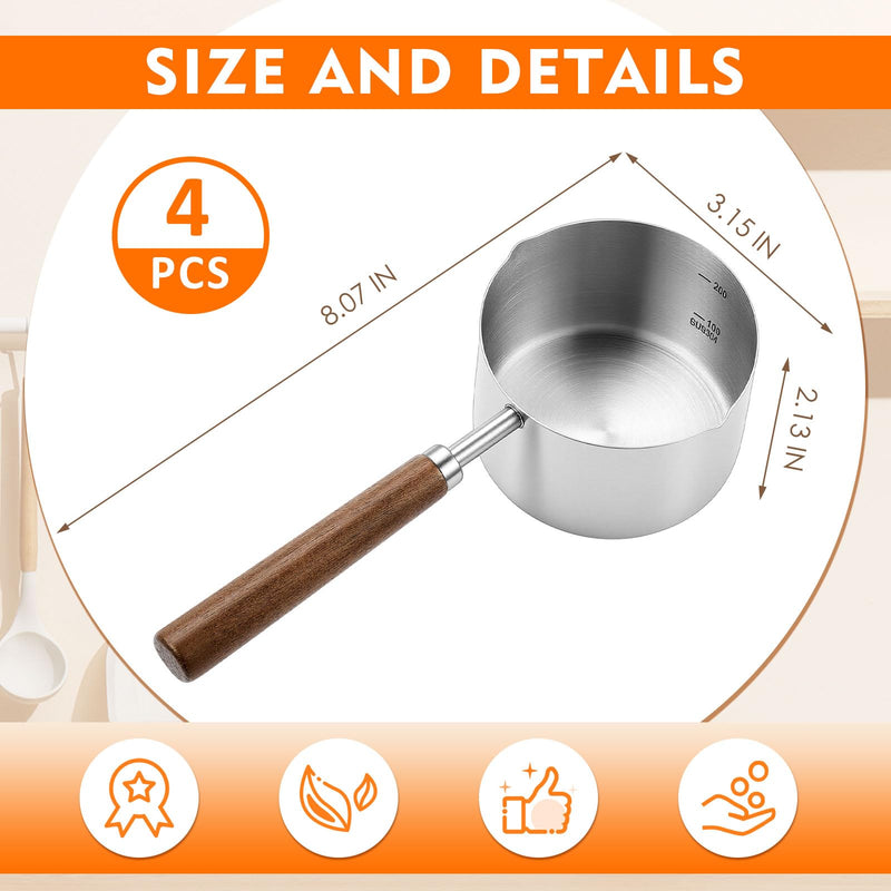 LemonRoad 4Pcs Stainless Steel Mini Butter Warmer, 8.5oz/ 250ml Mini Sauce Pan Pot, Coffee Milk Warmer Heater, Small Coffee Sauce Pot for Keeping Seafood Butter Warm, Dual Spouts and Solid Wood Handle 4