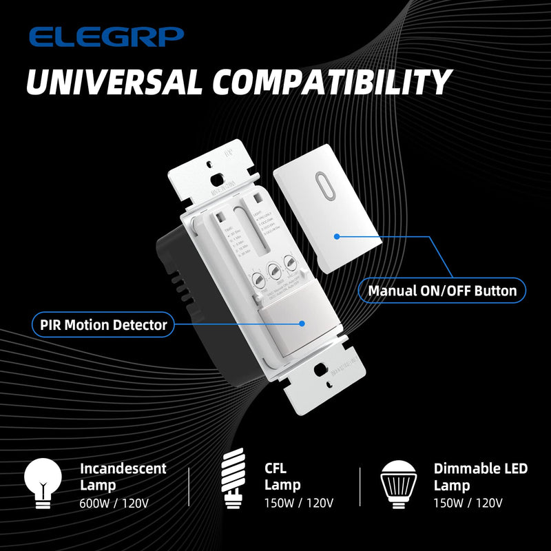 ELEGRP Single Pole Occupancy Motion Sensor Light Switch, PIR Infrared Motion Activated Switch, Need Grounding Wire, No Neutral Wire, for CFL/LED/Incandescent, with Plate, UL(2 Pack, Matte White) 2 Pack
