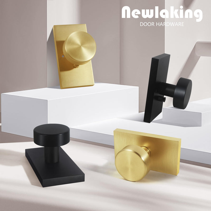 Satin Brass Zinc Alloy Privacy Door Knob with Lock, Heavy-Duty Round Handle with Rectangle Frame, Bedroom Bathroom Interior Quick Installation Lock Set, 1 Pack Satin Brass