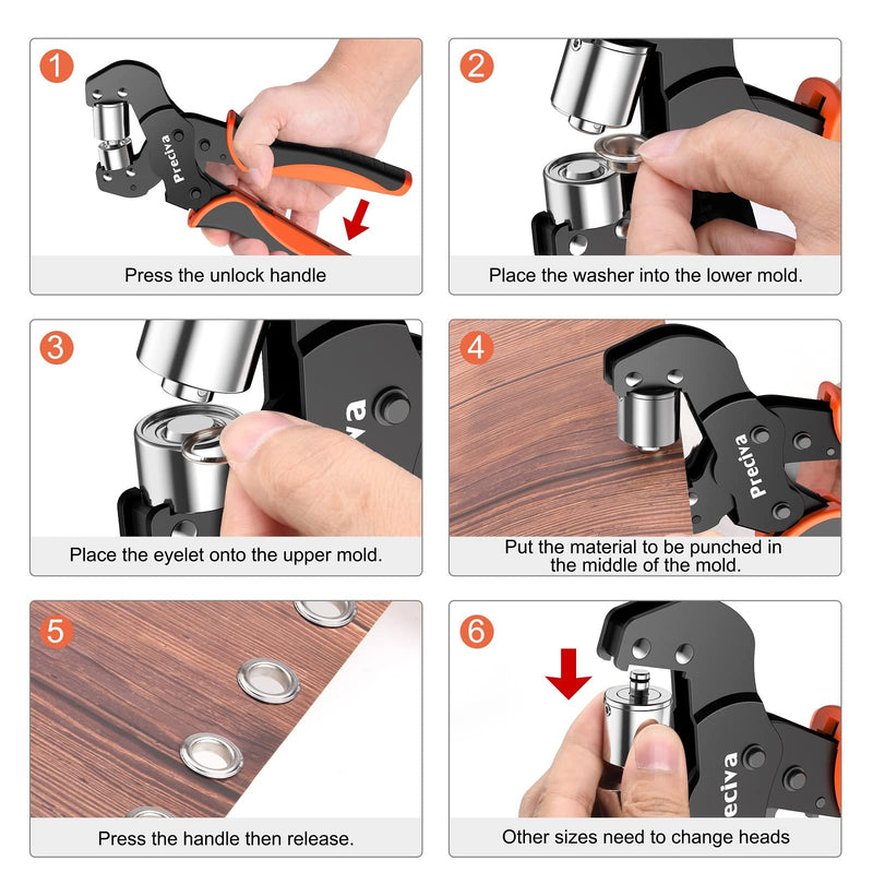 Grommet Tool Kit of 3/8" and 1/4", Preciva 𝐈𝐧𝐭𝐞𝐫𝐜𝐡𝐚𝐧𝐠𝐞𝐚𝐛𝐥𝐞 𝐃𝐨𝐮𝐛𝐥𝐞 𝐇𝐞𝐚𝐝 Handheld Grommet kit with 400pcs Silver Grommets for Advertising Poster, Banner, Ponchos, Cardboard 10 and 6 mm