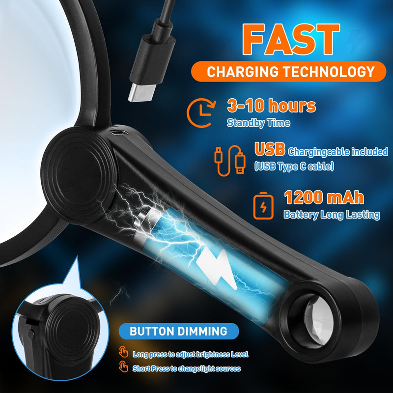 5.2 Inch Large Rechargeable Magnifier with Light, 30X 40X 60X Handheld Magnifying Glass with 49 Anti-Flicker LED Light, Third Gear Dimming Strongest Lighted Magnifier for Seniors Reading Coins 5.2inch Black