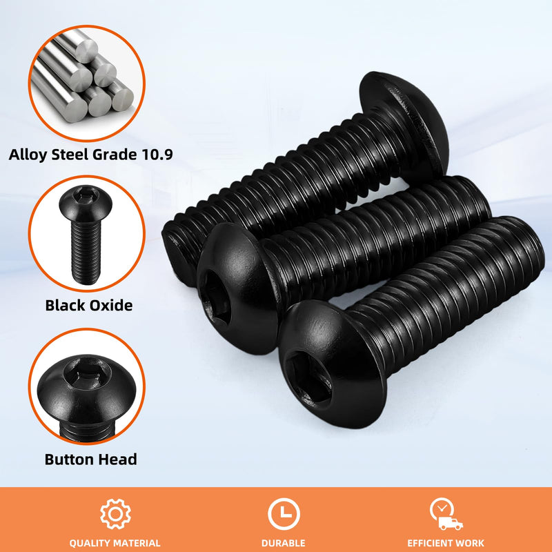 1/4-20 x 3/8" Button Head Socket Cap Screws, Allen Socket Drive, Black Oxide, Grade 10.9 Alloy Steel, Fully Threaded, 30 PCS 1/4-20 x 3/8"