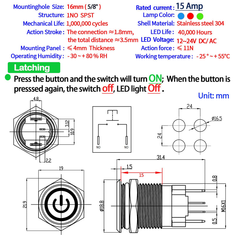 15Amp 12V-24V DC 16mm Latching Push Button Switch IP67 Waterproof SPST with LED Angel Eye Light Stainless Steel 304 On and Off with Wire Socket Pc Power Button Self-Locking 5/8" Latching, 12V-24V Blue