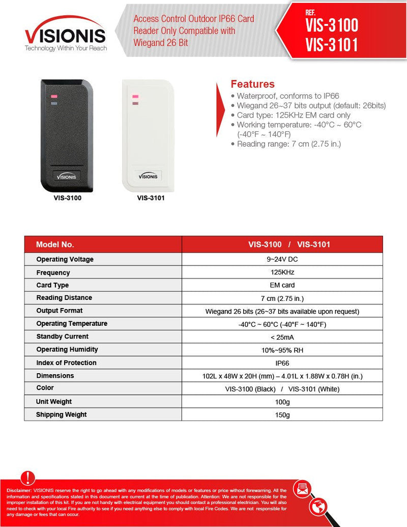 Visionis VIS-3100 Access Control Black RFID Weatherproof IP66 Proximity Card Reader 125KHz Compatible with Wiegand 26 Bit for Door Entry System Black Reader