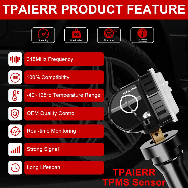 4Pcs TPMS Sensor, 315Mhz OE F2GT1A180AB F2GT1A150AB F2GZ1A189A Pre-Programed Tire Pressure Monitoring System Compatible with Ford F-150 Edge Ranger/Flex/Mustang/Explorer/Lincoln MKS Set of 4