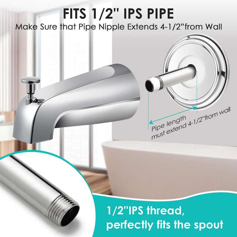 Universal Bathroom Tub Spout with Metal Tub Spout Cover Ring, 5 1/4 Inches Reach Wall Front Mount Faucet with Shower Diverter 1/2" IPS Inside Thread(Chrome) Chrome - NewNest Australia