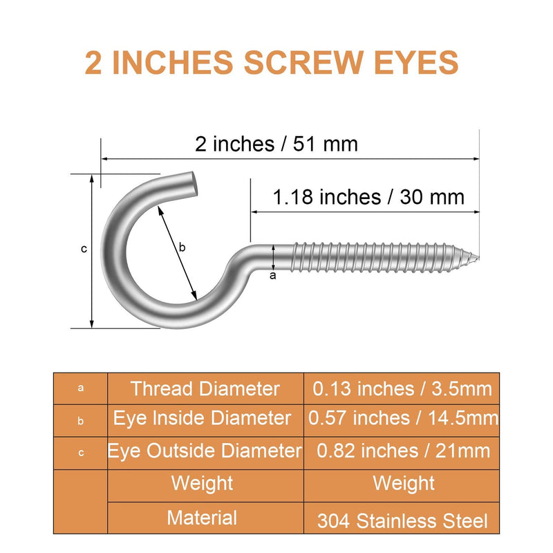 Pack of 20 metal hooks,304 stainless steel screw hooks, self-tapping eye-ring bolt hooks, wooden terminal eye-hole hooks, pendant lights and wires, strong indoor and outdoor eye bolts (2"X20PCS) 2"X20PCS