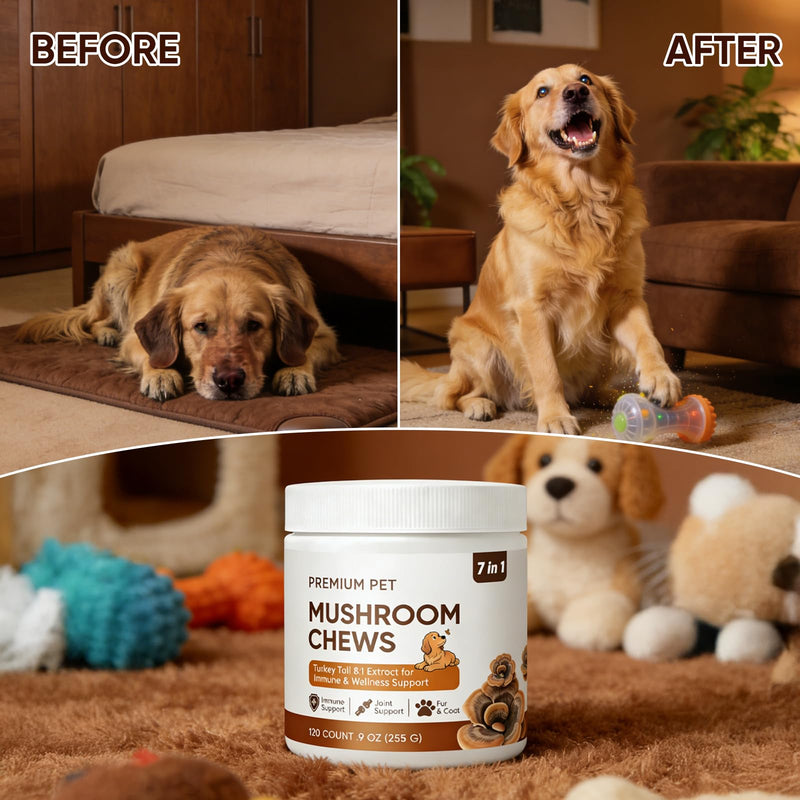 Turkey Tail Mushroom for Dogs - Mushroom Chews for Dog - Reishi, Lion’s Mane, Chaga - Immunity, Gut, Skin, Joint Support - All Breeds & Sizes - 120 Chews 1