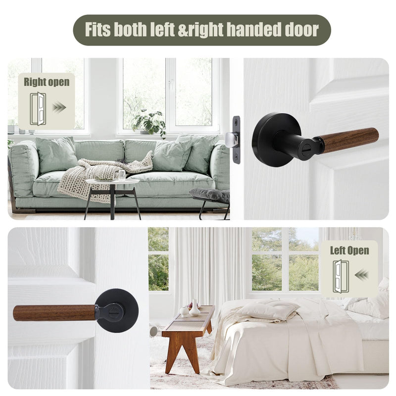 Walnut Wood Privacy Door Lever - Reversible Keyless Locksets Door Handles for Interior Bedrooms&Bathrooms, Zinc Alloy Base (Black, Privacy) Black