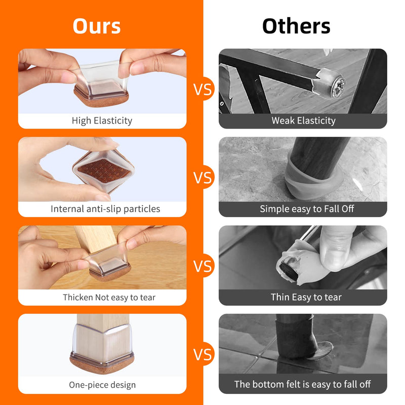 24 PCS Clear Square Silicone Chair Leg Floor Protectors with Felt, Floor Protectors for Chair, Felt Furniture Pads, Chair Leg Caps Covers, No Scratches and Reduce Noise (Fit: 1.1''–1.45'', Clear) L(Fit: 1.1"-1.45")