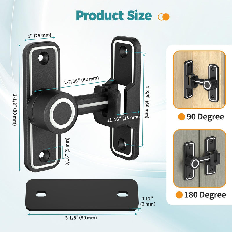 Barn Door Lock 2.4" 90/180 Flip Gate Latch, Luminous Black-4 Pcs