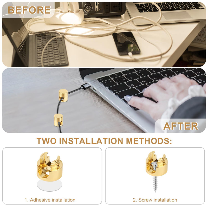3pcs Gold Cable Anchors, Metal Phone Charger Cord Holders Cable Management Clips Multi-Function Aluminum Wire Organizer for Home Office Desktop Wall Nightstand