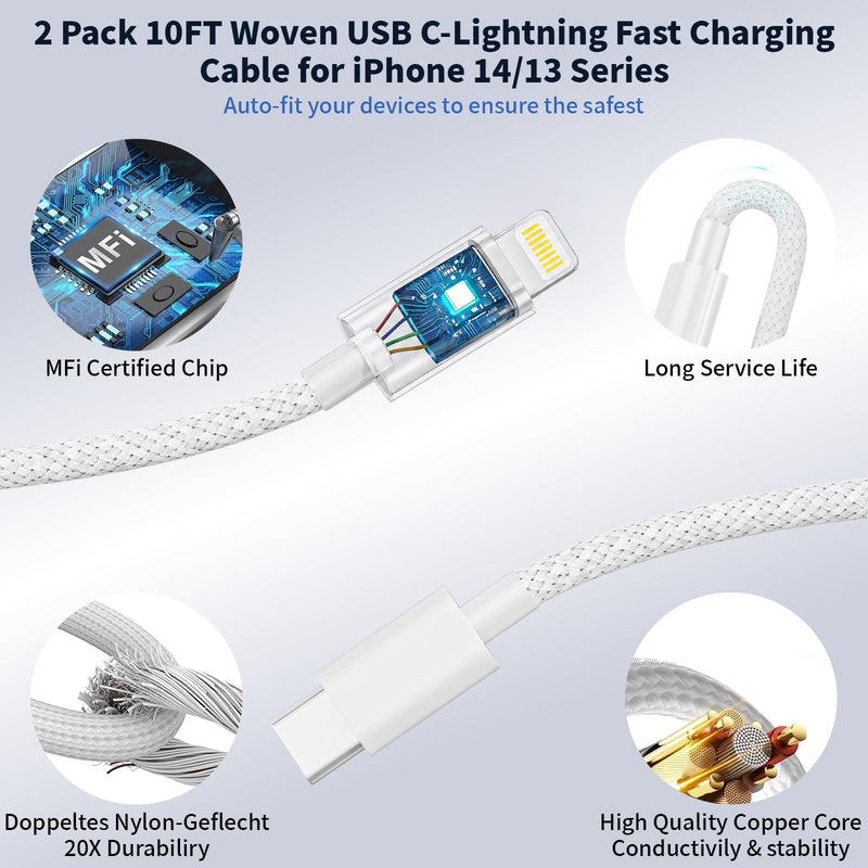 10FT iPhone Lightning Cable[Apple MFi Certified]2Pack 20W Apple Lightning Charger Dual Port USBA+C Charge Block with 10FT iPhone Fast Charging Woven Cable Cord for iPhone14/13/12/11/XS/XR/X/8/7/SE2022