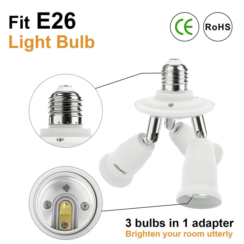 DiCUNO 3 in 1 E26 Light Socket Splitter Adapter, Standard Base LED Bulb Converter, 360 Degrees Adjustable 180 Degree Bendable, 3 Way Bulbs Socket Holder