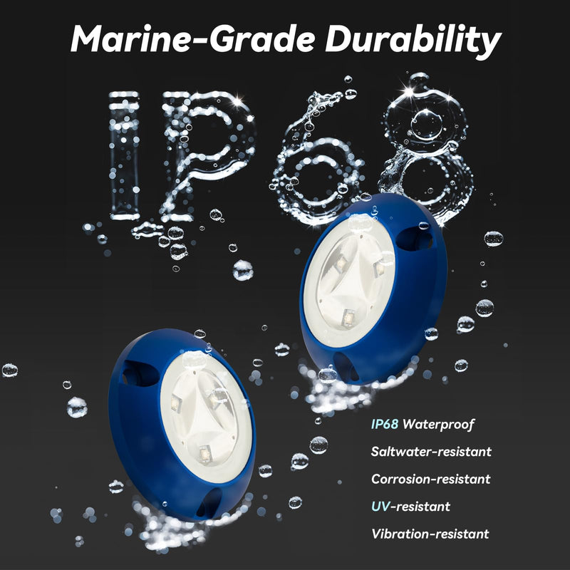 Marine-Grade Underwater LED Boat Lights, 700 Lumens of Single Color High Output Light, Ideal for Boats, Tugs, Fishing, Dinghies, Compatible with 10-30V DC Power Systems, Sold in Pairs Blue Underwater LED Boat Lights Gold