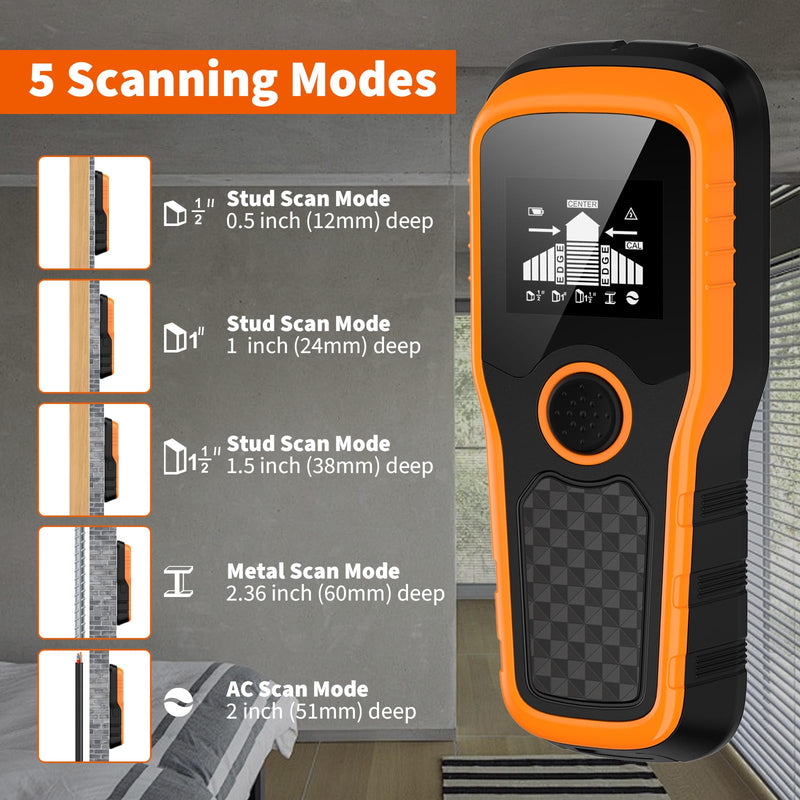 Stud Finder Wall Scanner, Advanced 5-in-1 Detector for Wood, Metal, Joists, Pipes, and AC Wires, Upgraded New version Intelligent Chip, High-Definition LCD Display Screen & Audible Alarm Orange