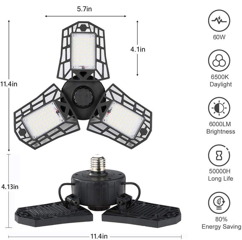 LED Garage Light - 6000 Lumen 6500K Daylight 60W, Three Leaf Led Garage Ceiling Lights 60W 1-Pack