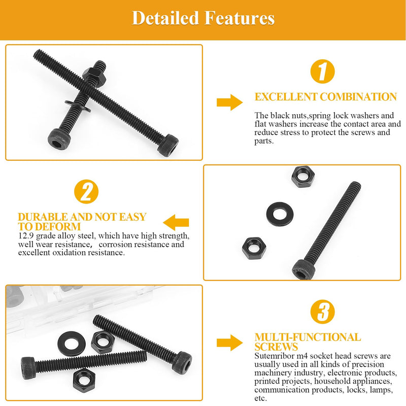 185 Pieces M4 x 30/35/40/45/50mm Hex Socket Head Cap Screws Nuts Washers Set Black, Sutemribor M4 Long Screws, M4 Black Screws Nuts Washers Assortment Kit, 12.9 Grade Alloy Steel, Fully Threaded M4 Long Screws Kit